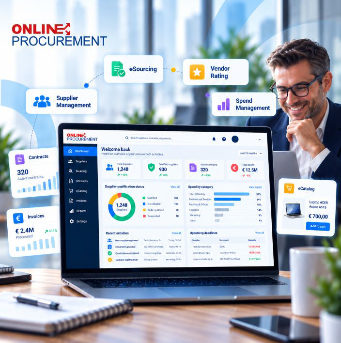Dashboard di Online Procurement per la gestione e qualificazione dei fornitori, con funzionalità di Vendor Rating e monitoraggio delle performance a supporto della sicurezza della catena di fornitura.